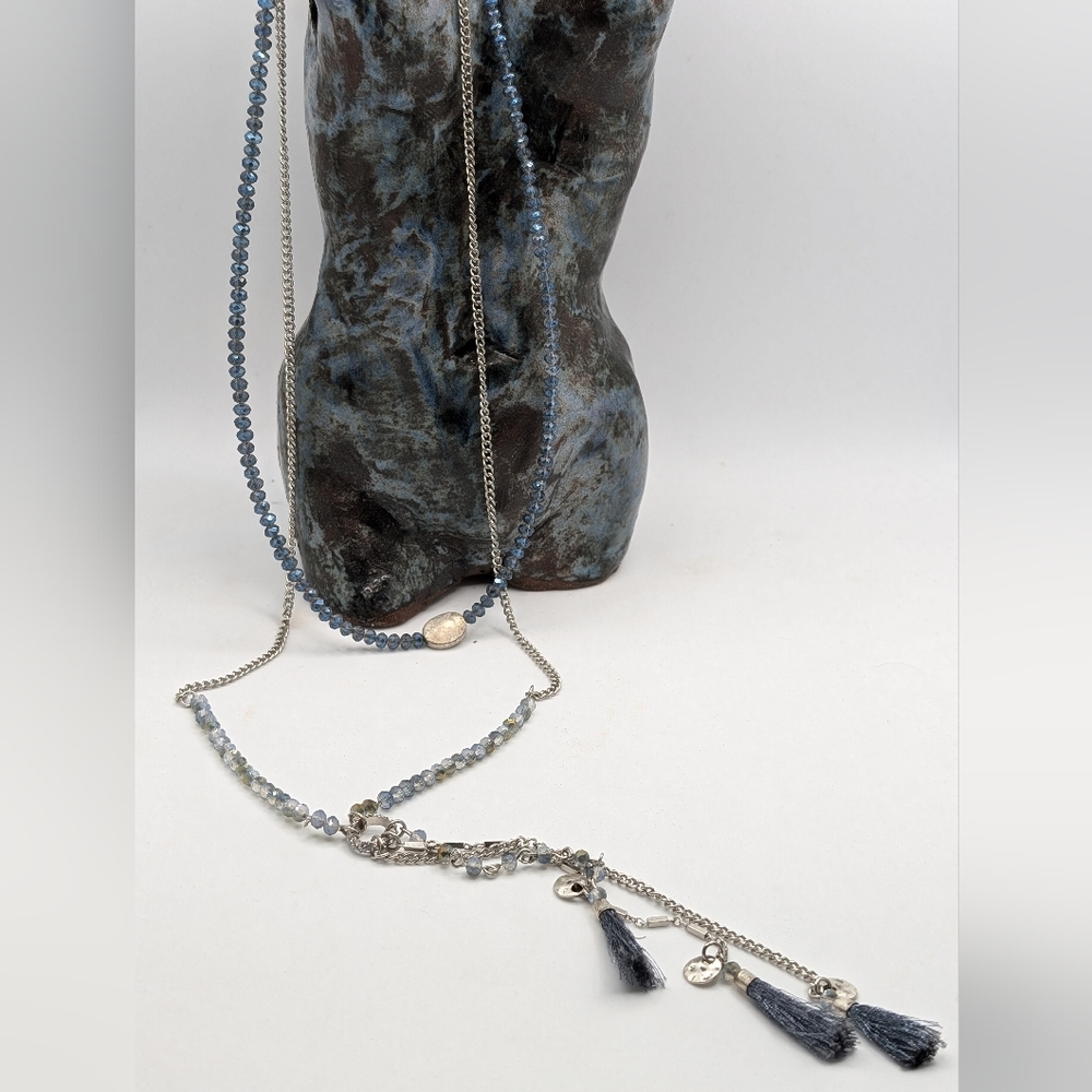 LOFT Blue Beaded Multi-Strand Necklace with Tassels
